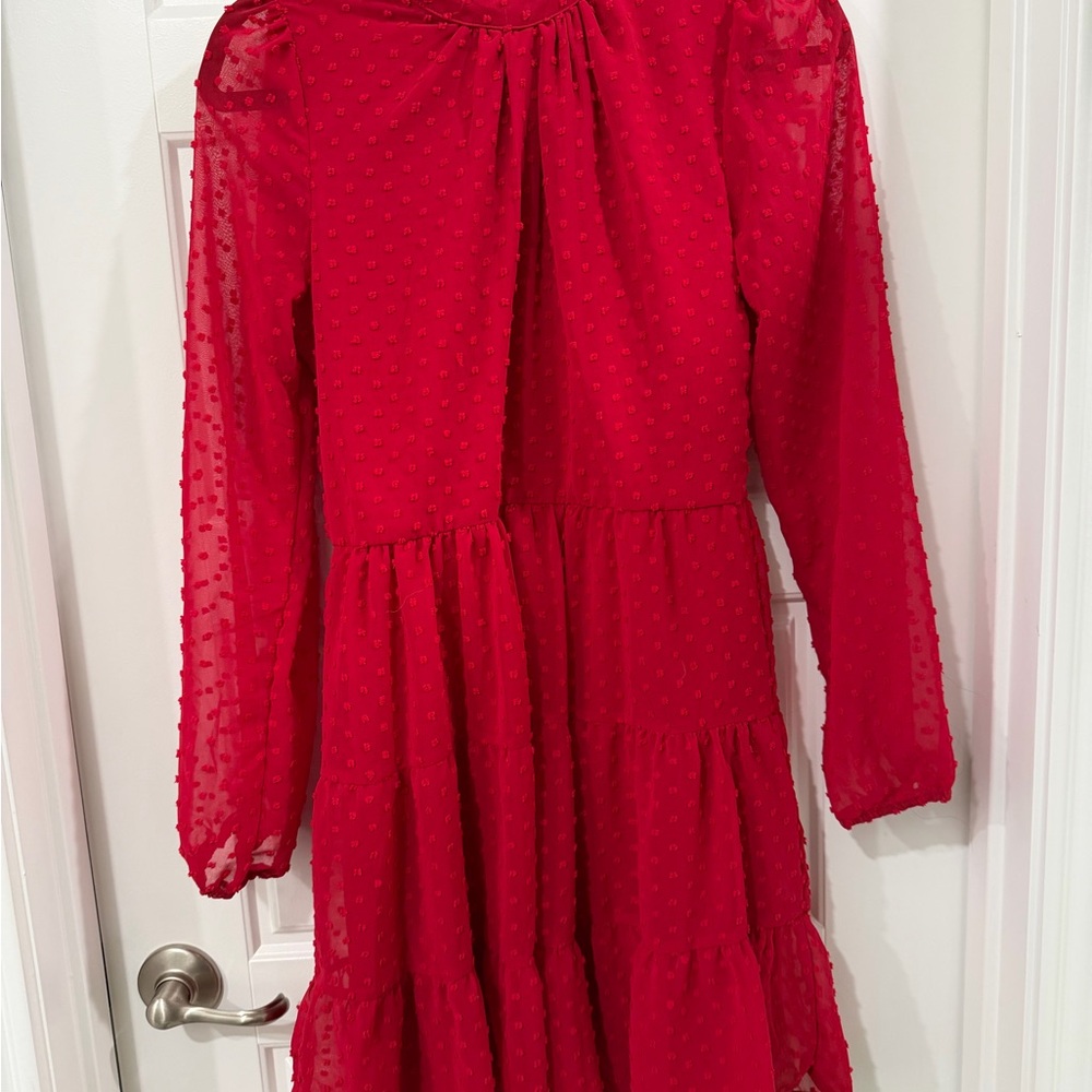 Trixxi Red Swiss Dot Tiered Long Sleeve Dress